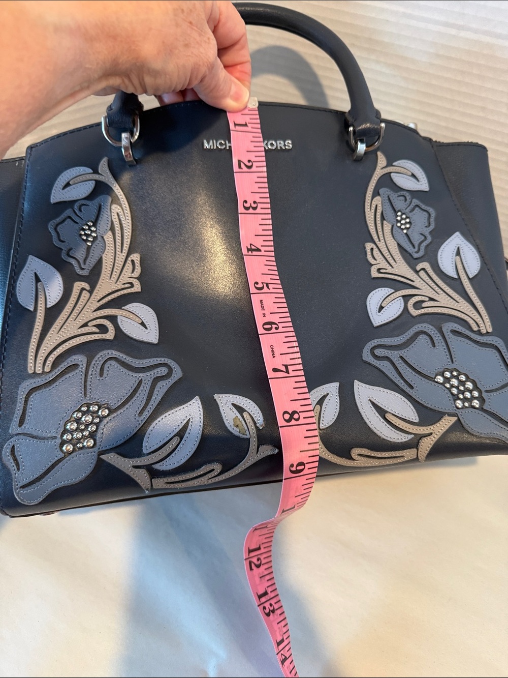 Michael Kors Navy Floral Appliqué Satchel with Removable Strap - Picture 8 of 9